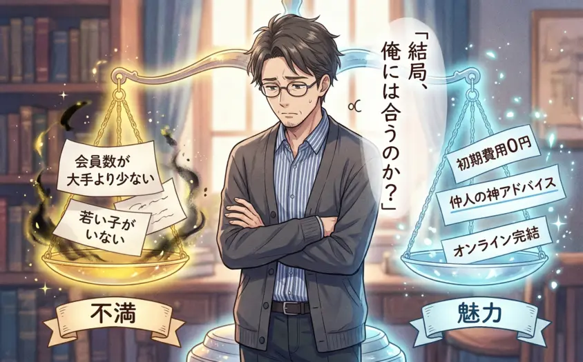 天秤を前に悩む40代男性のイラスト。左皿の不満要素（会員数が少ない、若い子がいない）と右皿の魅力（初期費用0円、仲人の神アドバイス、オンライン完結）を比較し、「結局、俺には合うのか？」と自問自答している場面。