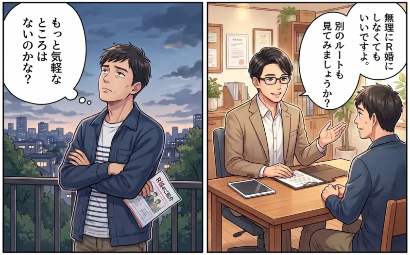 R婚の紹介を読み「もっと気軽なところはないか」と悩む40代男性と、別の選択肢を提案する男性アドバイザーの2コマ漫画