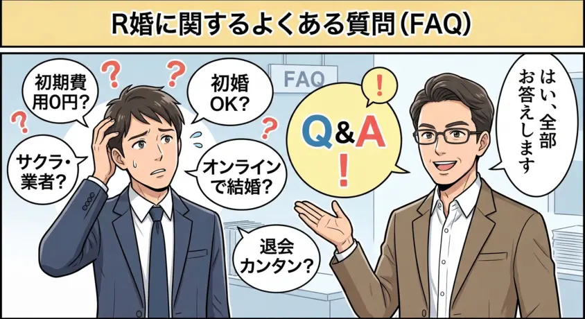 R婚のよくある質問（FAQ）をプロが解説するイラスト。初期費用、初婚の利用、サクラの有無、退会方法について悩む男性と回答する専門家。