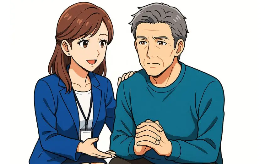 R婚での婚活サポートを受ける50代男性と寄り添う30代女性カウンセラーのイラスト|安心して相談できる環境を表現