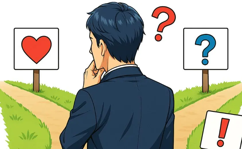 R婚を使うべきか悩む50代男性が分かれ道で迷う風イラスト|婚活サービスの選択に迷う様子を視覚化