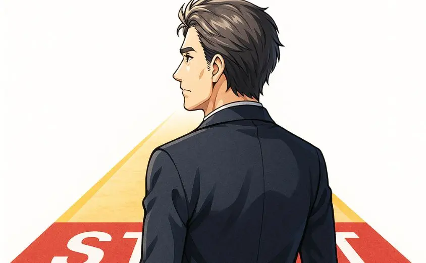 婚活を決意した50代男性がスタートラインに立つイラスト|R婚で真剣な結婚を目指す姿を表現