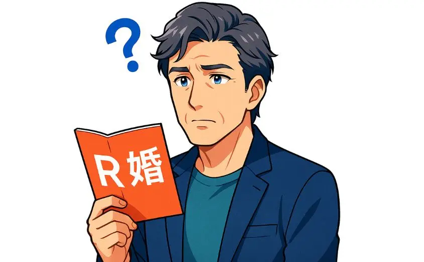 R婚のパンフレットを見ながら迷う50代男性のイラスト|婚活サービスの向き不向きを考える中年男性の表情