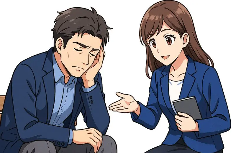 婚活に疲れて落ち込む50代男性に寄り添う女性カウンセラーのラノベ風イラスト|R婚のやさしいサポートを象徴するシーン