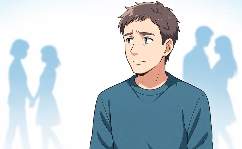 40代恋愛未経験男性がカップルを見て立ち止まる婚活イメージイラスト