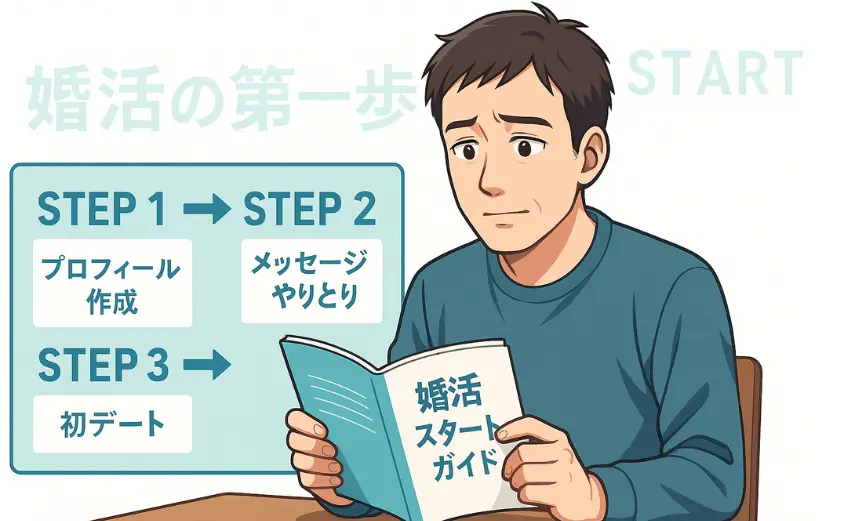 婚活スタートガイドを真剣に読む40代男性。シンプルな私服姿で、やや前向きな表情。背景には“婚活の第一歩”の文字がうっすらと浮かび、婚活を始めようとする決意が感じられるイラスト