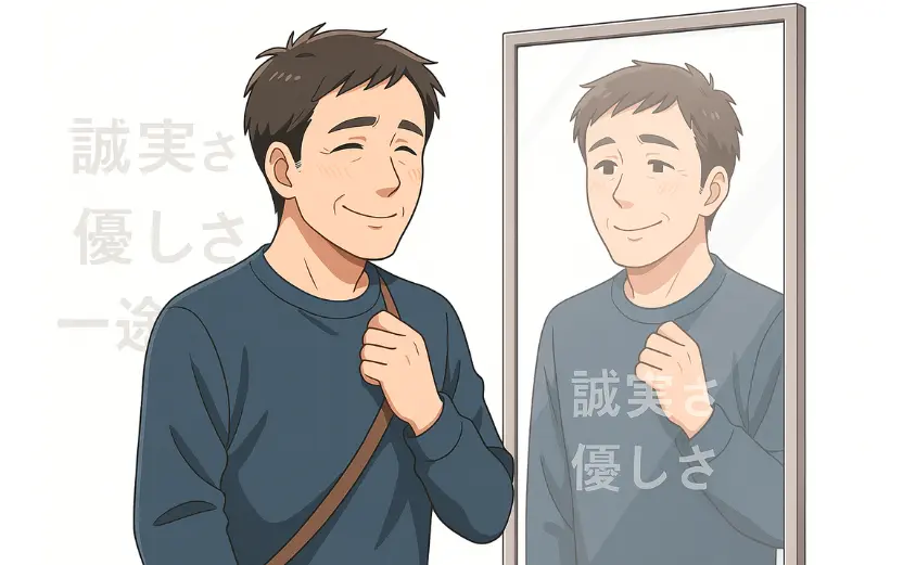 鏡の前で照れたように微笑む40代男性。白い背景に“誠実さ”“優しさ”“一途さ”といったポジティブな言葉が浮かび、婚活に前向きになり始めた様子を描いたイラスト
