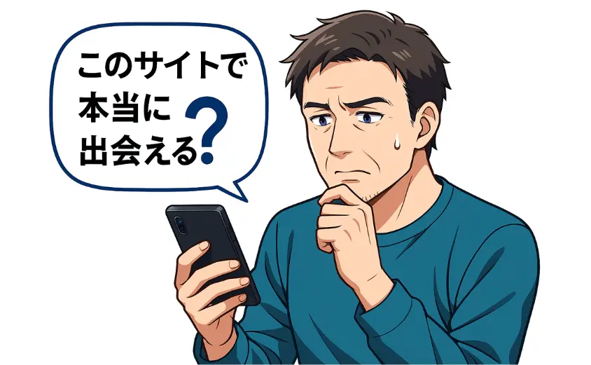 DUO（デュオ）の評判が不安で、スマホを見つめる40代男性のイラスト。マッチングアプリで本当に出会えるか悩んでいる様子
