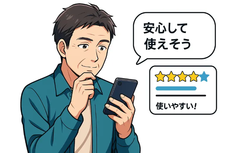 DUO（デュオ）の口コミ評価をスマホで確認する40代男性のイラスト。吹き出しで『安心して使えそう』と前向きな反応を見せている