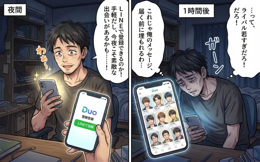 深夜、汚い部屋で独身男性が期待を込めてDuoアプリにLINE登録するが、1時間後、イケメンだらけの検索結果に絶望する様子