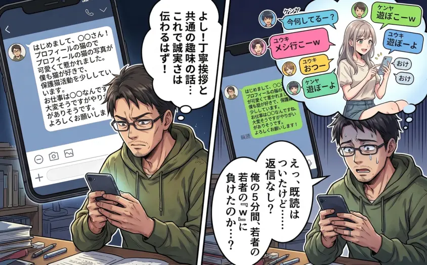 マッチングアプリで40代男性が時間をかけて丁寧な長文メッセージを送るも、既読スルーされ、若者の軽いチャットに即レスする女性の姿にショックを受ける様子