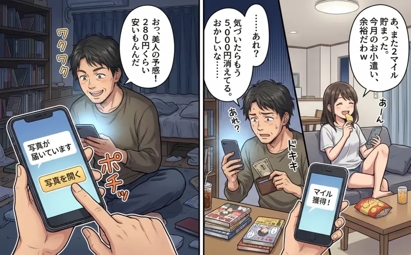 Duoアプリで写真閲覧に280円課金する40代男性と、その裏でポイント活動(ポイ活)としてマイルを貯めて喜ぶ女性の対比。気づけば5,000円消えている男性の悲劇