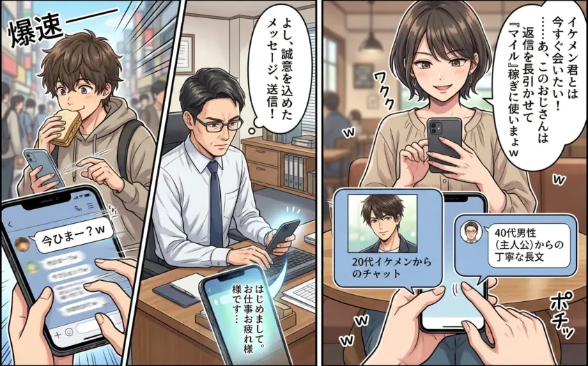 マッチングアプリで20代イケメンの軽いチャットと、40代男性の誠実な長文を比較する女性。イケメンには即レスし、おじさんは『マイル稼ぎ』の要員としてキープする残酷な現実