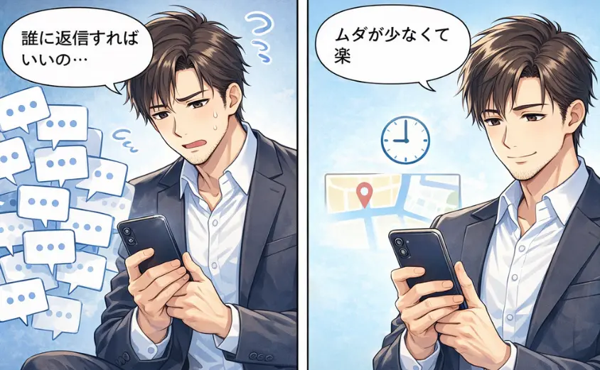 バチェラーデートは会うまで相手の顔写真が見られない仕組み。どんな人か不安な男性が、待ち合わせ情報で安心する2コマ漫画。