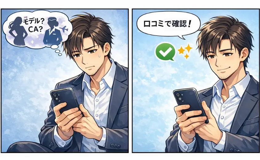 バチェラーデートの女性レベルを口コミで検証する2コマ漫画。モデルやCAばかりという噂を確認する男性。