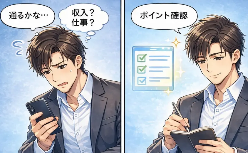 バチェラーデートの男性審査の難易度を表した2コマ漫画。収入や仕事の条件に不安な男性が、通過のポイントを確認する。