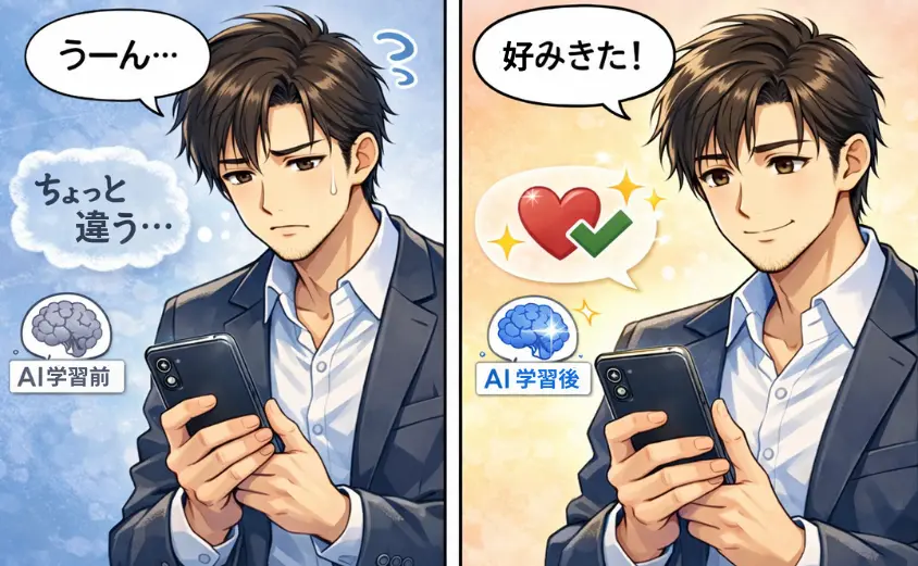 バチェラーデートのAI学習機能で好みを学習し、相性の良い相手に出会いやすくなる2コマ漫画