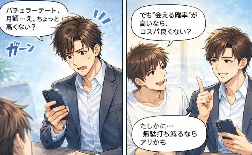 バチェラーデートの男性料金は高い?月額に驚く男性と、会える確率が高くコスパが良いと納得する2コマ漫画