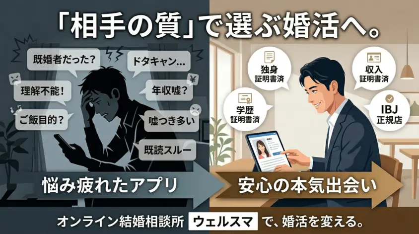 ウェルスマの口コミと評判を検証。アプリ婚活に疲れた40代男性がIBJの高品質な出会いで成婚するための比較画像。
