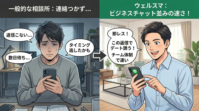 ウェルスマのLINE相談は返信が早い?一般的な結婚相談所とのレスポンス速度を比較した30代・40代男性向けの解説図。