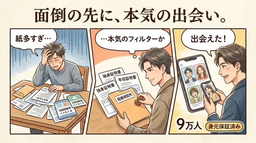 ウェルスマの入会書類は面倒?独身証明書などの提出がサクラや既婚者を排除する最強フィルターになる理由の解説図。