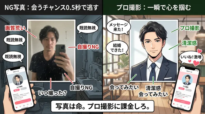 婚活は写真が命!自撮りNG例とプロ撮影による清潔感の違いを比較。40代男性がお見合い成立率を上げるためのプロフィール写真戦略。