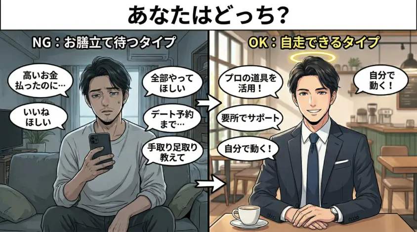 手厚いサポートの店舗型結婚相談所と、自分で動いて安く成婚するウェルスマの比較。30代男性が効率的にIBJシステムを活用する婚活スタイルのイラスト。