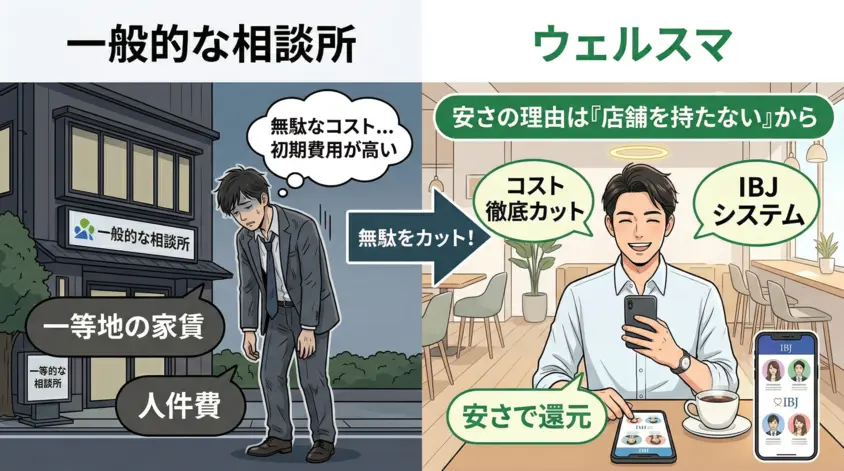 ウェルスマと一般的な結婚相談所の費用比較。店舗を持たないオンライン完結型だから実現できる低価格とIBJ加盟の高品質な出会いを描いたイラスト。